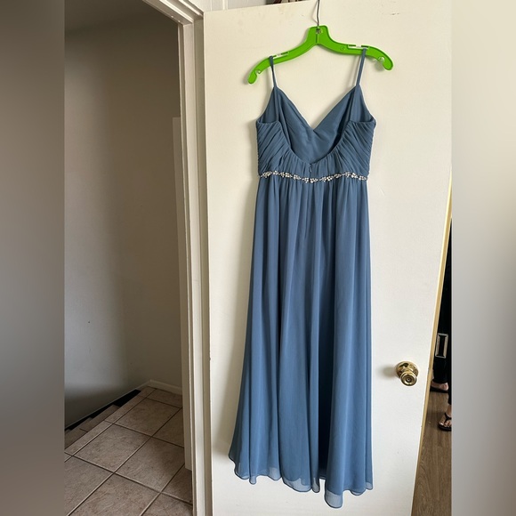 Davids Bridal  Blue Twist Bodice Chiffon Dress with Beaded Belt - Picture 3 of 6